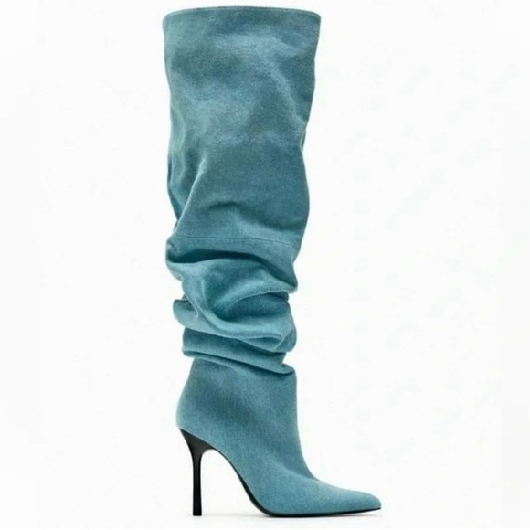 Zara Denim Over The Knee Boots. Pointed Toe. Size 36 - Picture 3 of 4